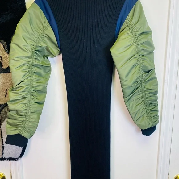 Zara Ribbed Black Midi Dress with Ruched Olive Green and Blue Bomber Sleeves - Picture 9 of 12